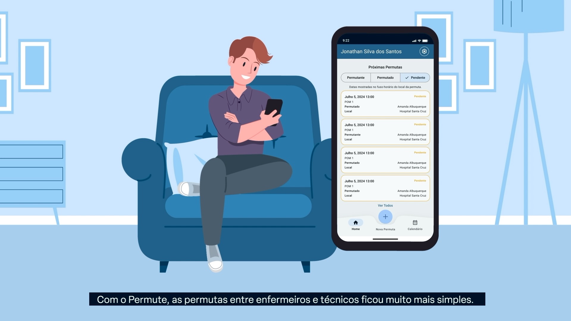 Profissional de enfermagem usando o Permute no celular para registrar uma permuta.